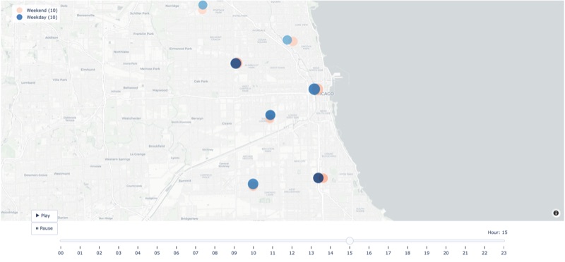 Map of Chicago with weekday and weekend crash hotspots by hour